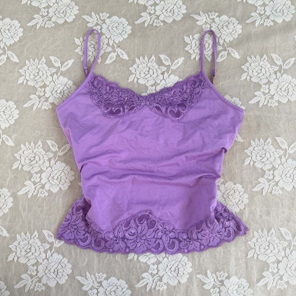 Vintage Y2K WD.NY Purple Silk Lace Beaded Tank Top Size S
